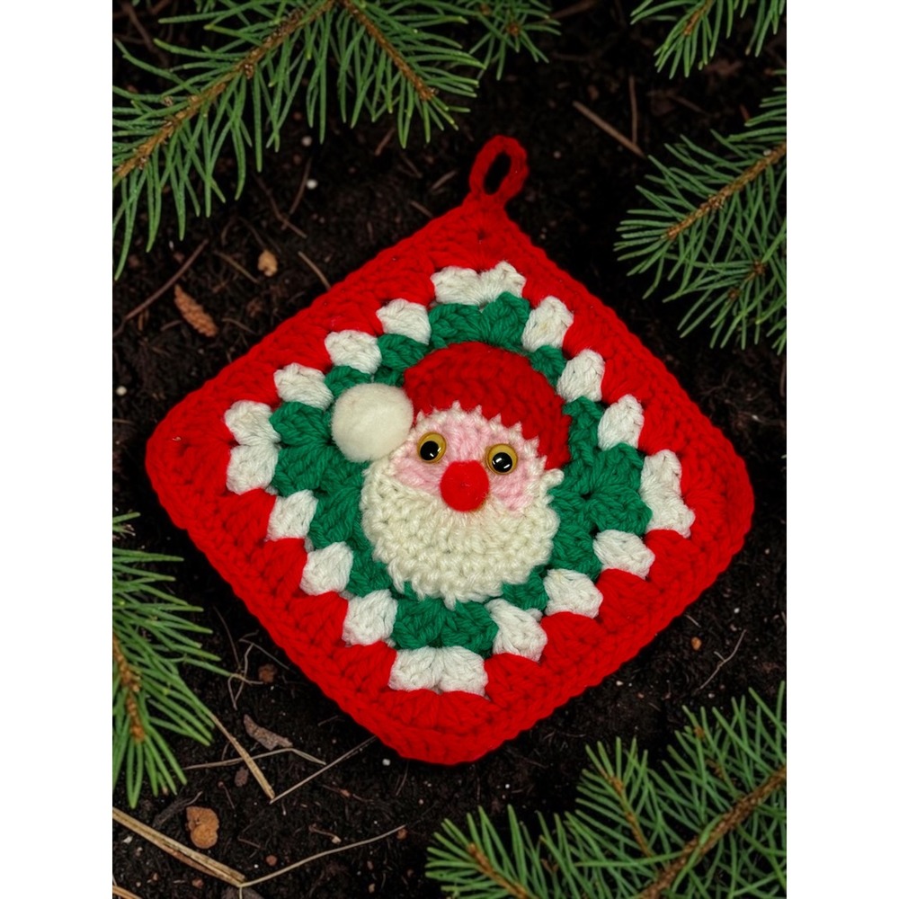 Handmade Santa Potholder Red Green Crochet Holiday Decor